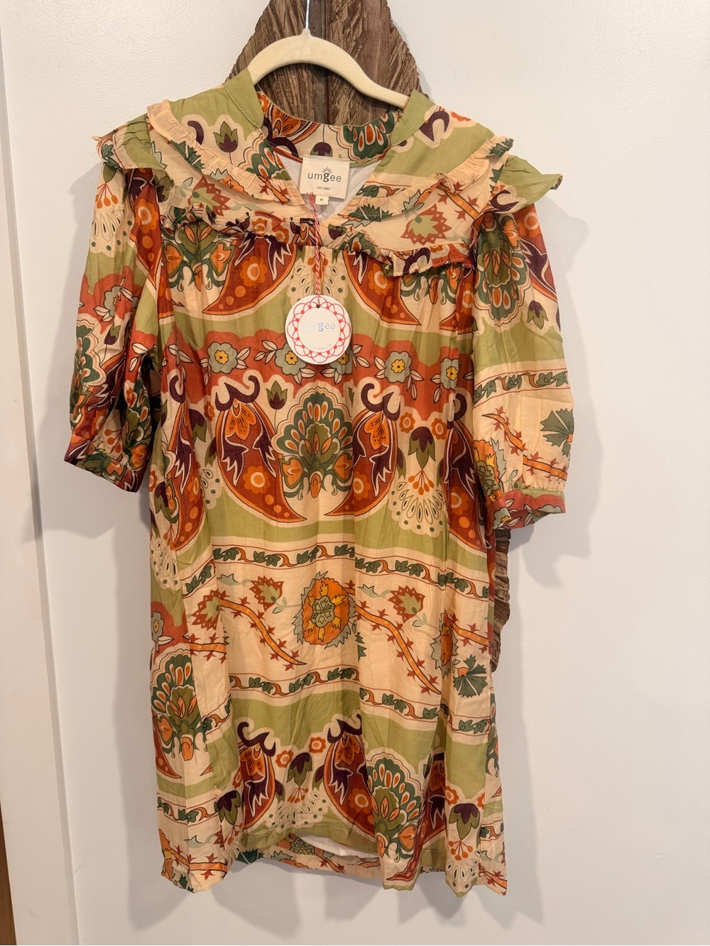 Umgee Green Floral Boho Ruffle Collar Women's  Dress Size Medium